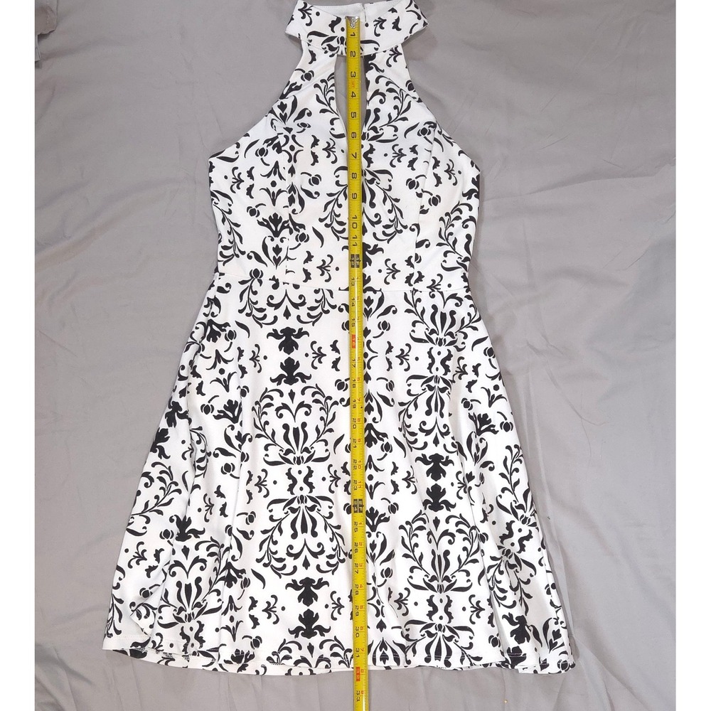 Damask Halter Keyhole Fit Flare Mini Dress Sz 5 Whimsigoth Coquette Black White - Picture 13 of 13